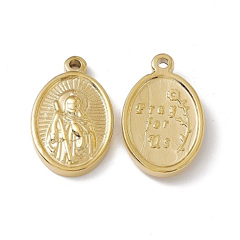 Vacuum Plating 201 Stainless Steel Pendants, Oval with Saint & Word Pray for us Charm, Real 18K Gold Plated, 23x14.5x3mm, Hole: 1.6mm