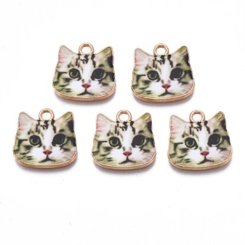 Printed Alloy Pendants, Cadmium Free & Nickel Free & Lead Free, Light Gold, Cat Head, Light Green, 17x17.5x1.5mm, Hole: 2mm