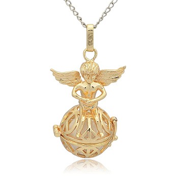 Golden Tone Brass Hollow Round Cage Pendants, with No Hole Spray Painted Brass Round Ball Beads, Round with Angel, White, 43x28x20mm, Hole: 3x8mm