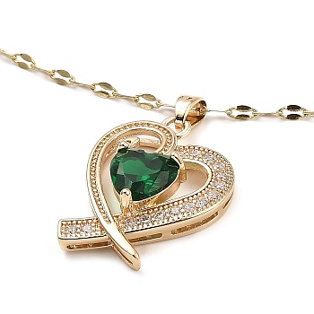 Heart Light Gold Brass Micro Pave Cubic Zirconia Pendant Necklaces, with Glass, Dark Green, 16.14 inch(41cm)