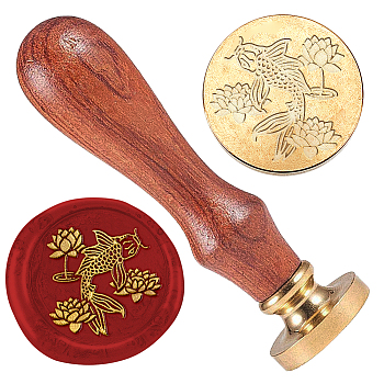 Wax Seal Stamp Set, 1Pc Golden Tone Sealing Wax Stamp Solid Brass Head, with 1Pc Wood Handle, for Envelopes Invitations, Gift Card, Fish, 83x22mm, Stamps: 25x14.5mm