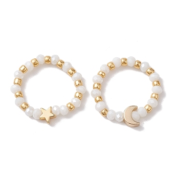 Glass Stretch Rings with Golden Plated Star & Moon Brass Beads, White, 3.5mm, Inner Diameter: US Size 8 1/2(18.5mm)