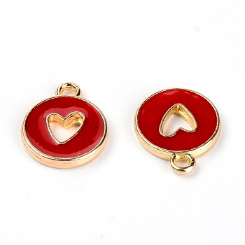 Zinc Alloy Enamel Charms, Flat Round with Hollow Heart, Light Gold, Red, 14x12x2mm, Hole: 1.5mm