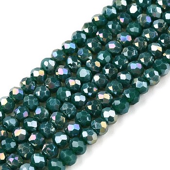 Electroplate Glass Beads Strands, Opaque Solid Color, AB Color Plated, Faceted, Rondelle, Dark Green, 2.9~3.3x2mm, Hole: 0.8mm, about 148~150pcs/strand, 39.5~40cm