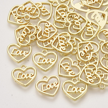 Alloy Charms, Heart with Word LOVE, Light Gold, 11.5x12x1mm, Hole: 1.4mm