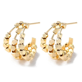 Brass Polygon Beaded Stud Earrings, Split Earrings, Real 18K Gold Plated, 21.5x16.5mm