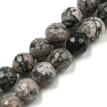 Natural Map Stone/Picasso Stone/Picasso Jasper Beads Strands, Faceted(128 Facets), Round, 8~8.5mm, Hole: 1.2mm, about 47pcs/strand, 14.80~14.96 inch(37.6~38cm)