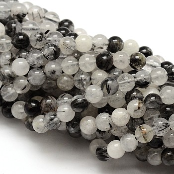 Natural Gemstone Black Rutilated Quartz Round Beads Strands, 6mm, Hole: 1mm, about 62pcs/strand, 15.5 inch