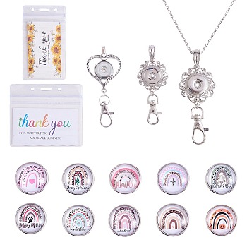 DIY Interchangable Pendant ID Card Holder Necklace Making Kit, Including Glass Snap Cabochon, Heart Alloy Snap Base Settings, 304 Stainless Steel Cable Chains Necklaces, Rainbow Pattern, 15Pcs/box