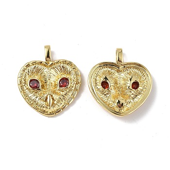 Brass with FireBrick Glass Pendants, Heart with Owl Charms, Real 18K Gold Plated, 34.5x16.5x6mm, Hole: 3.4x6.4mm