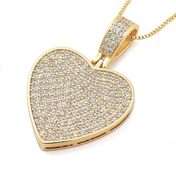 Brass Micro Pave Clear Cubic Zirconia Box Chain Heart Pendant Necklaces for Women, Real 18K Gold Plated, 17.64 inch(44.8cm)