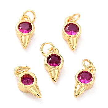 Real 18K Gold Plated Brass Micro Pave Cubic Zirconia Charms, with Jump Ring, Long-Lasting Plated, Cone, Deep Pink, 11x5x3mm, Jump Ring: 4x0.5mm, 2.5mm Inner Diameter