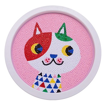 DIY Diamond Painting Kits, with Plastic Round Photo Frame, Resin Rhinestones, Pen, Tray Plate and Glue Clay, Cat Pattern, 19.4x22.5x0.04cm