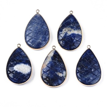 Natural Sodalite Pendants, with Light Gold Plated Brass Findings, Teardrop, 50~51x31~31.5x10mm, Hole: 2mm
