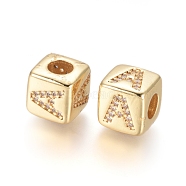 Brass Micro Pave Cubic Zirconia European Beads, Horizontal Hole, Large Hole Beads, Long-Lasting Plated, Cube with Letter, Golden, Clear, Letter.A, 9x9x9.5mm, Hole: 4.5mm(ZIRC-G162-13G-A)