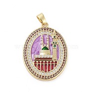 Rack Plating Brass Micro Pave Clear Cubic Zirconia Pendants, with Enamel, Long-Lasting Plated, Lead Free & Cadmium Free, Oval with Castle Charms, Violet, 33x24x3.5mm, Hole: 3x6mm(KK-H474-24B-01G)