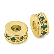 Rack Plating Brass Micro Pave Cubic Zirconia Spacer Beads, Long-Lasting Plated, Lead Free & Cadmium Free, Rondelle, Real 18K Gold Plated, Green, 6x3mm, Hole: 2.5mm(KK-F089-39B-G01)