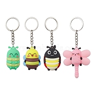4Pcs 4 Styles Cartoon Bee PVC Plastic Keychain, with Iron Split Key Rings, Mixed Color, 103~117mm, 1pc/style(KEYC-JKC00663)