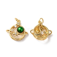 Rack Plating Brass Cubic Zirconia Pendants, with Jump Ring, Lead Free & Cadmium Free, Long-Lasting Real 18K Gold Plated, Planet Charm, Dark Green, 18.5x19x6mm, Hole: 3.5mm(KK-D074-22G)