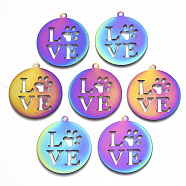 Ion Plating(IP) 201 Stainless Steel Pet Pendants, Etched Metal Embellishments, Flat Round with Word Love & Dog Footprint, Rainbow Color, 33x30x0.3mm, Hole: 2mm(X-STAS-R114-005)