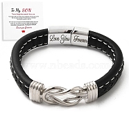 Word Love You Forever Stainless Steel Interlocking Knot Link Bracelet, Braided Leather Wristband Gifts for Son, Black, 8-7/8 inch(22.5cm)(JB752A)
