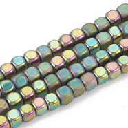 Electroplate Non-magnetic Synthetic Hematite Beads Strands, Half Matte Style, Cube, Rainbow Plated, 4x4x4mm, Hole: 1mm, about 100pcs/strand, 16.5 inch(G-N0318-39-F)