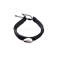 Adjustable Cowhide Leather Cord Braided Bracelets, with Cowrie Shell Beads and Nylon Thread Cord, Burlap Paking Pouches Drawstring Bags, Black, 1-3/4 inch~3 inch(4.5~7.8cm), 10.5mm(BJEW-JB04438-01)