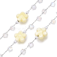 Handmade Porcelain Bead Flower Chains, for Necklaces Bracelets Making, with 304 Stainless Steel Chains, Soldered, with Spool, Champagne Yellow, 11.5x12x5.5mm, cube: 4.5x4.5x4.5, links: 2x1.5x0.2mm & 2.5x1x0.2mm, interval: 14mm, about 10m/roll(CHS-T006-26)