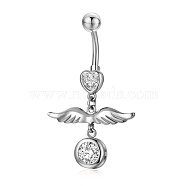 Piercing Jewelry, Brass Cubic Zirciona Navel Ring, Belly Rings, with 304 Stainless Steel Bar, Lead Free & Cadmium Free, Wing, Clear, 41.5mm, Pendant: 19.5x25.5mm, Bar: 14 Gauge(1.6mm), Bar Length: 3/8"(10mm)(AJEW-EE0006-57A-P)