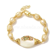 Oval Natural Pearl & Shell Link Bracelet with Colorful Rhinestone, Brass Wire Wrapped Bracelet with Magnetic Clasps, Real 14K Gold Plated, Inner Diameter: 2-3/8 inch(5.9cm)(BJEW-C051-15G)