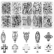 245Pcs 10 Style DIY Religion Theme Making Finding Kit, Including Alloy Beads & Chandelier Component Links & Pendants, Oval with Virgin Mary & Cross, Antique Silver, 8~25x5.5~12.5x1.5~5mm, Hole: 1.2~2mm, 245Pcs/box(DIY-HY0001-03)