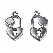 304 Stainless Steel Charms, with White Shell, Heart-Shaped Lock, Stainless Steel Color, 20x11x2.5mm, Hole: 1.6mm(STAS-N087-53-05P)