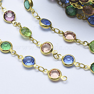 3.28 Feet Handmade Glass Beaded Chains, Soldered, Brass Findings, Flat Round, Colorful, Golden, 12.5x6.5x3mm(X-CHC-P005-05G)