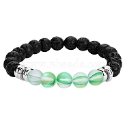 Synthetic Moonstone & Natural Lava Rock Round Beaded Stretch Bracelet, Essential Oil Gemstone Jewelry for Women, Green, Inner Diameter: 2-1/8 inch(5.5cm)(BJEW-SW00060-03)