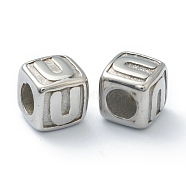 304 Stainless Steel European Beads, Large Hole Beads, Horizontal Hole, Cube with Letter, Stainless Steel Color, Letter.U, 8x8x8mm, Hole: 4mm(STAS-H145-01U-P)