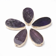Natural Amethyst Beads, with Golden Tone Brass Findings, teardrop, 46x25~26x9~10mm, Hole: 1.2mm(G-T104-21)