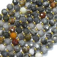 Natural Eagle Eye Stone Beads Strands, with Seed Beads, Faceted, Lantern, 8~8.5x6.5~7mm, Hole: 0.6mm, about 44pcs/strand, 15.16 inch(38.5cm)(G-K389-E83-01)