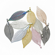 Iron Big Pendants, Electroplate Natural Leaf, Leaf, Mixed Color, 52~53x19~20x1.5mm, Hole: 3x5.5mm(IFIN-T006-08-M)