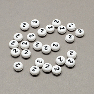 White and Black Acrylic , Flat Round with Num.2, 7x4mm, Hole: 1.3mm, about 3600pcs/500g(SACR-Q102-02)