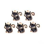 Alloy Enamel Pendants, Cat, Light Gold, Black, 21x20x1.5mm, Hole: 2mm(ENAM-R058-09D)