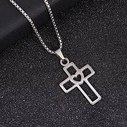 201 Stainless Steel Pendant Necklaces, Stainless Steel Color, Non-Tarnish, Cross, 23.70 inch(60.2cm), pendant: 49.5x31.5mm(NJEW-D307-02P-D)