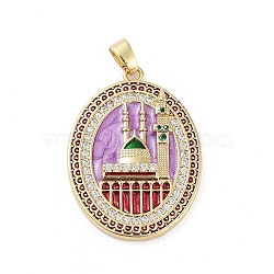Rack Plating Brass Micro Pave Clear Cubic Zirconia Pendants, with Enamel, Long-Lasting Plated, Lead Free & Cadmium Free, Oval with Castle Charms, Violet, 33x24x3.5mm, Hole: 3x6mm(KK-H474-24B-01G)