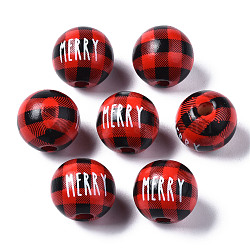 Painted Natural Wood European Beads, Large Hole Beads, Printed, Christmas, Round with Merry, Red, 16x15mm, Hole: 4mm(WOOD-S057-037)