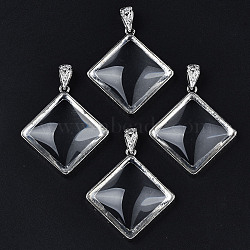 Glass Pendants, with Brass Findings, Rhombus, Platinum, Clear, 47.5x43x9.5mm, Hole: 9mm(GLAA-S199-002)