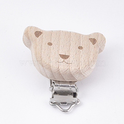 Beech Wood Baby Pacifier Holder Clips, with Iron Clips, Bear, Platinum, BurlyWood, 45x49x12.5mm, Hole: 3.5x13mm(WOOD-T015-20)