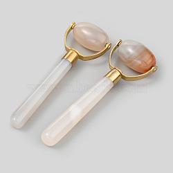 Natural Agate Brass Massage Tools, Facial Roller for Skin, Eyes, Neck, Raw(Unplated), Snow, 107x35x18mm(G-B008-02G-A)