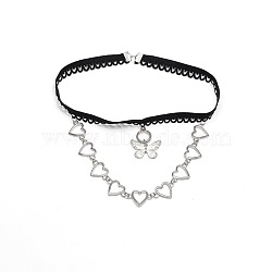 Butterfly Heart Tassel Alloy Thigh Chain, Lace Stretch Band Body Chain, Platinum, 360mm(WG0B5AC-02)