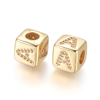 Brass Micro Pave Cubic Zirconia European Beads, Horizontal Hole, Large Hole Beads, Long-Lasting Plated, Cube with Letter, Golden, Clear, Letter.A, 9x9x9.5mm, Hole: 4.5mm