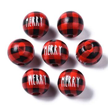 Painted Natural Wood European Beads, Large Hole Beads, Printed, Christmas, Round with Merry, Red, 16x15mm, Hole: 4mm