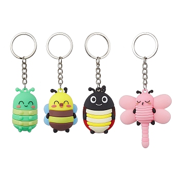 4Pcs 4 Styles Cartoon Bee PVC Plastic Keychain, with Iron Split Key Rings, Mixed Color, 103~117mm, 1pc/style